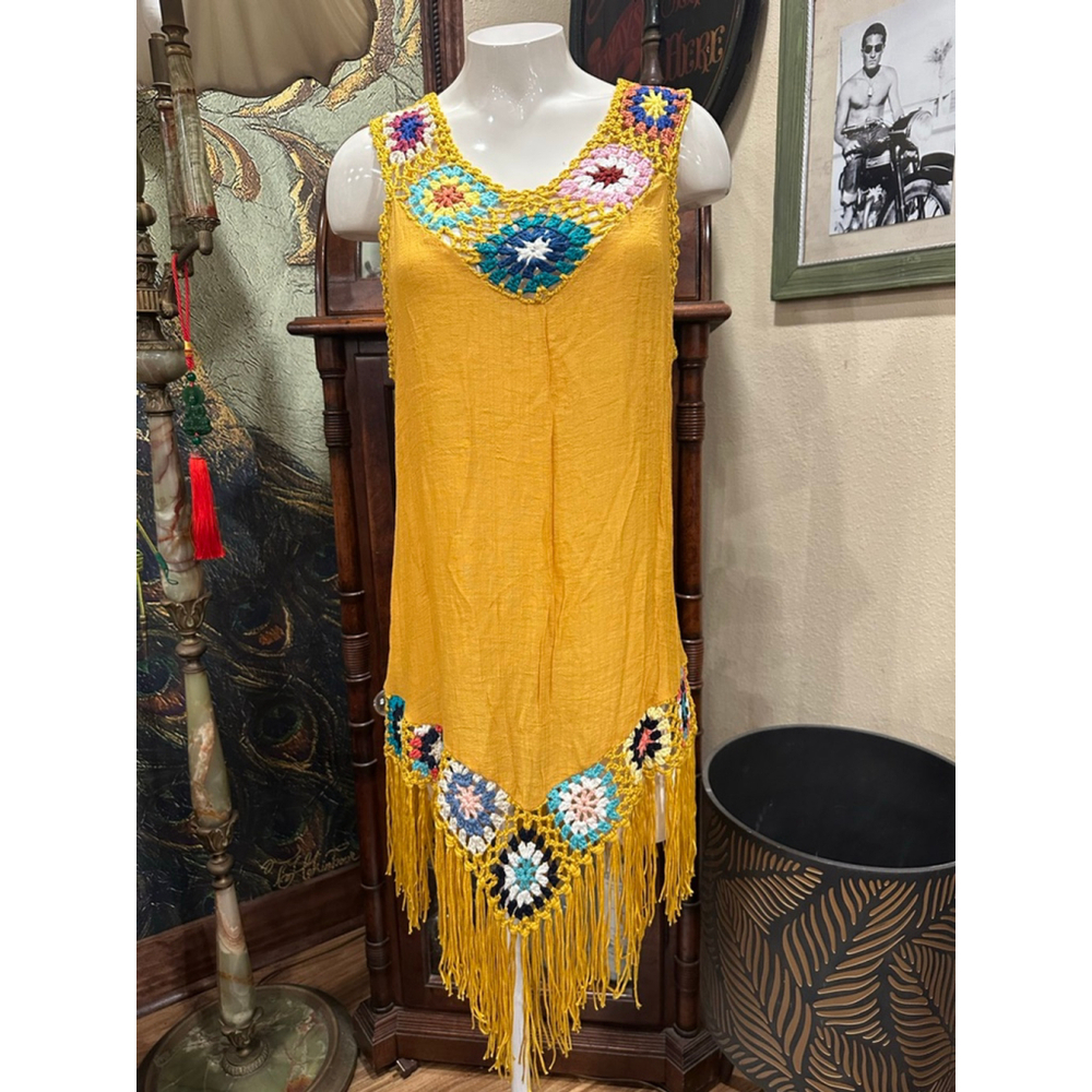 FAVLUX Yellow Crochet Mini Dress Women's S